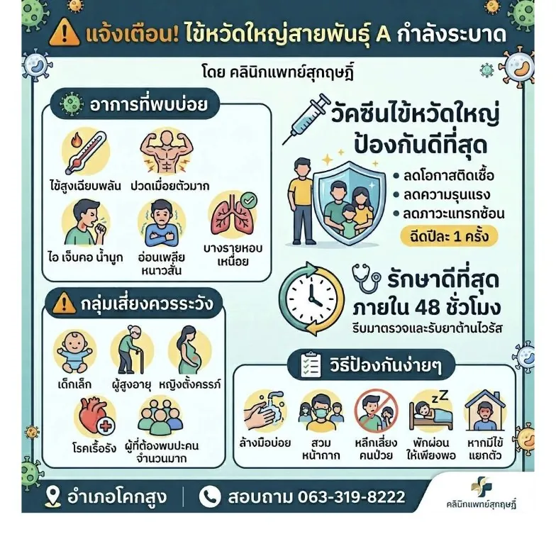 อินโฟกราฟิกเรื่องไข้หวัดใหญ่สายพันธุ์ A อาการและการดูแล